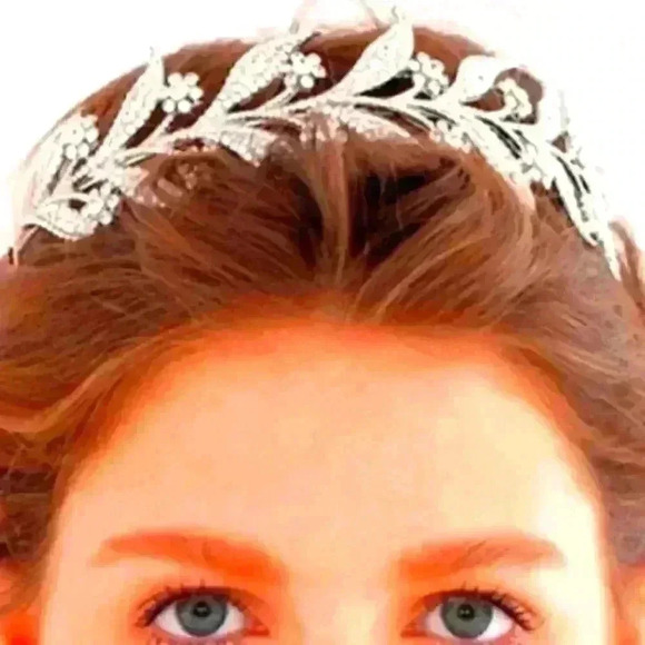 Floral Leaf Crystal Bride Wed Fairy Rhinestone Tiara - Picture 5 of 9